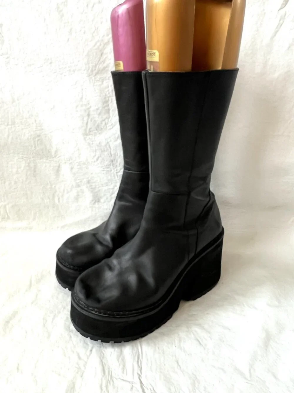 UNIF platform boots black leather womens 11 Parker chunky high heel mid calf zip